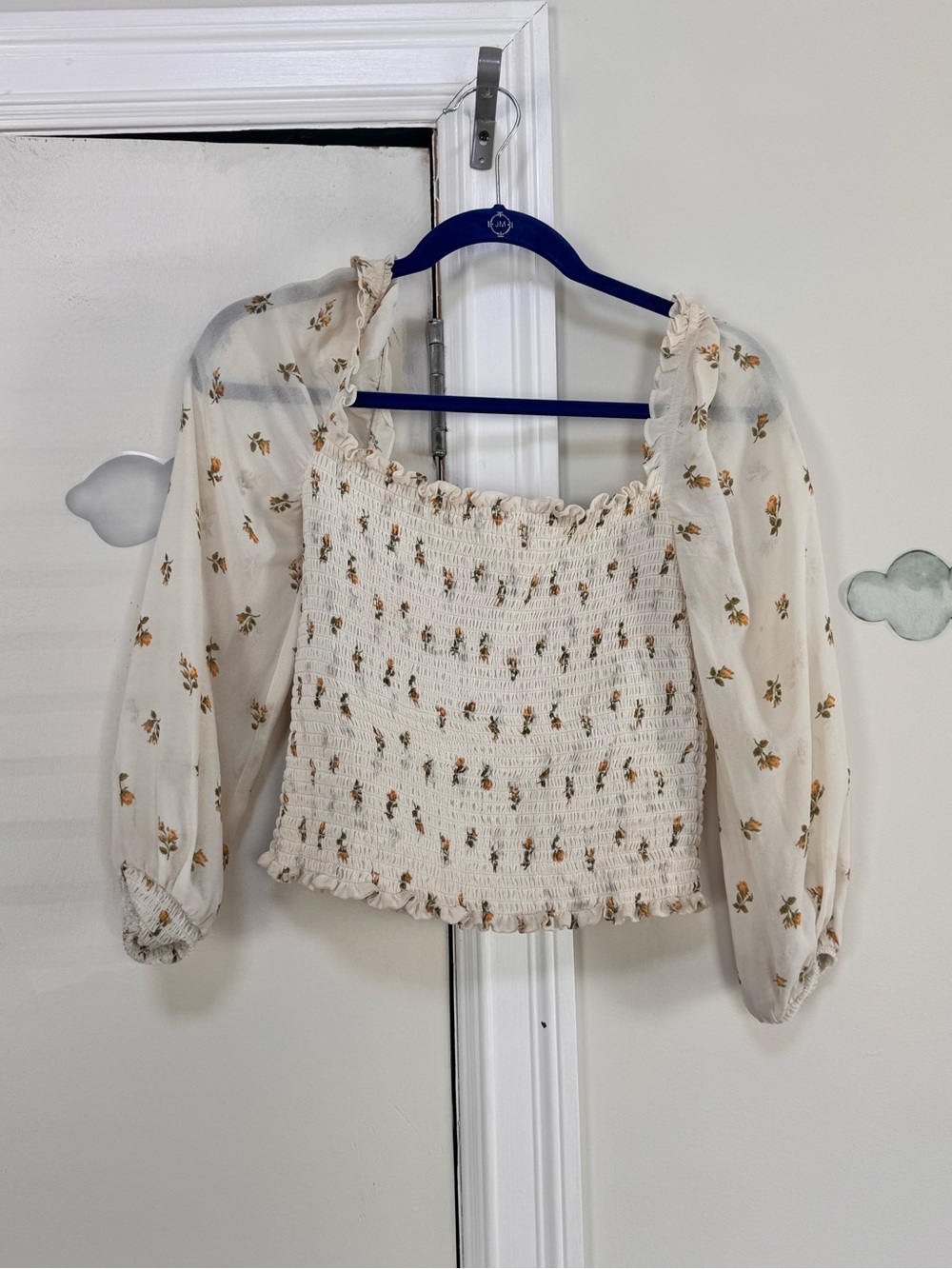 Reformation Cream Smocked Floral Crop Top